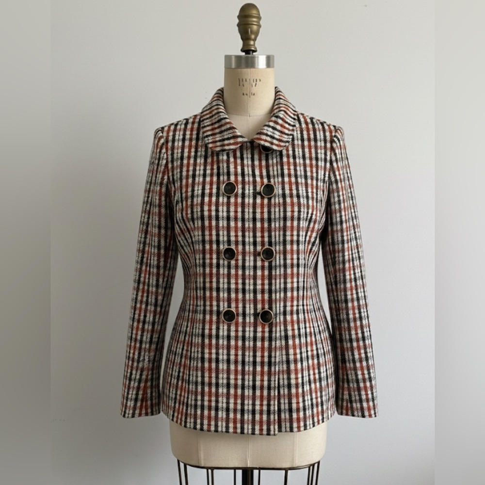CAbi Women's Plaid Pea Coat - Brown and Cream